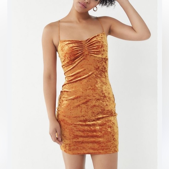 Urban Outfitters Golden Orange Crushed Velvet Mini Dress Small Whimsigoth Fairy - Picture 1 of 7